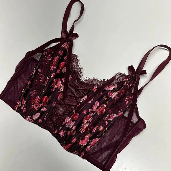 Victoria's Secret Corset Bra Top in Peony Trellis Maroon Red Floral Bows Medium - Picture 4 of 8